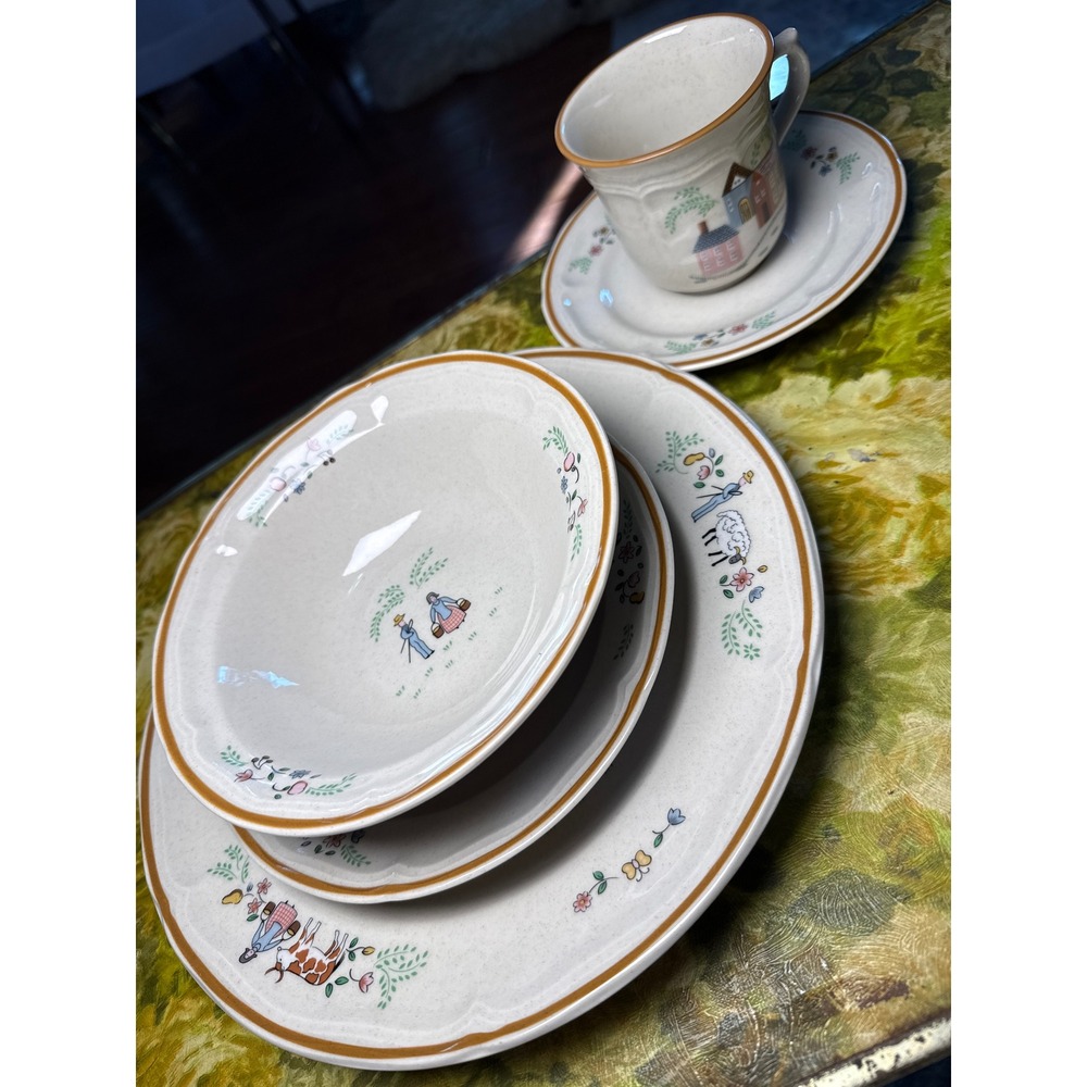 Vintage Newcor Heirloom Country Village Stoneware 5 Piece Place Setting 1987